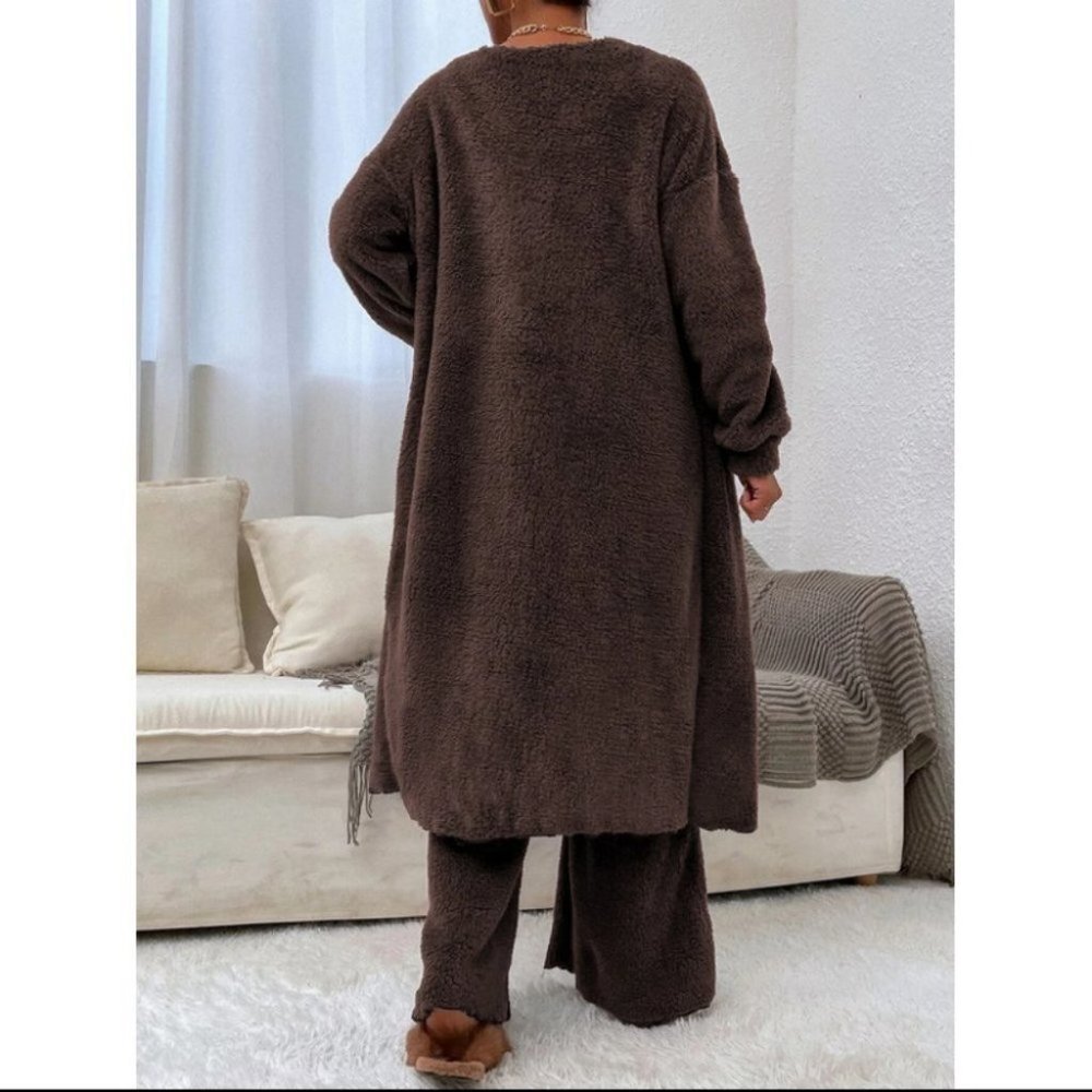 cozy brown teddy flannel cardigan & tank top & pants set fall winter warm casual - Picture 6 of 8